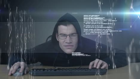 animación de dos fotogramas con nombre de usuario y contraseña sobre un hacker masculino