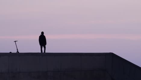 el hombre de la silueta se baja del scooter eléctrico para admirar el amanecer púrpura y las hojas.