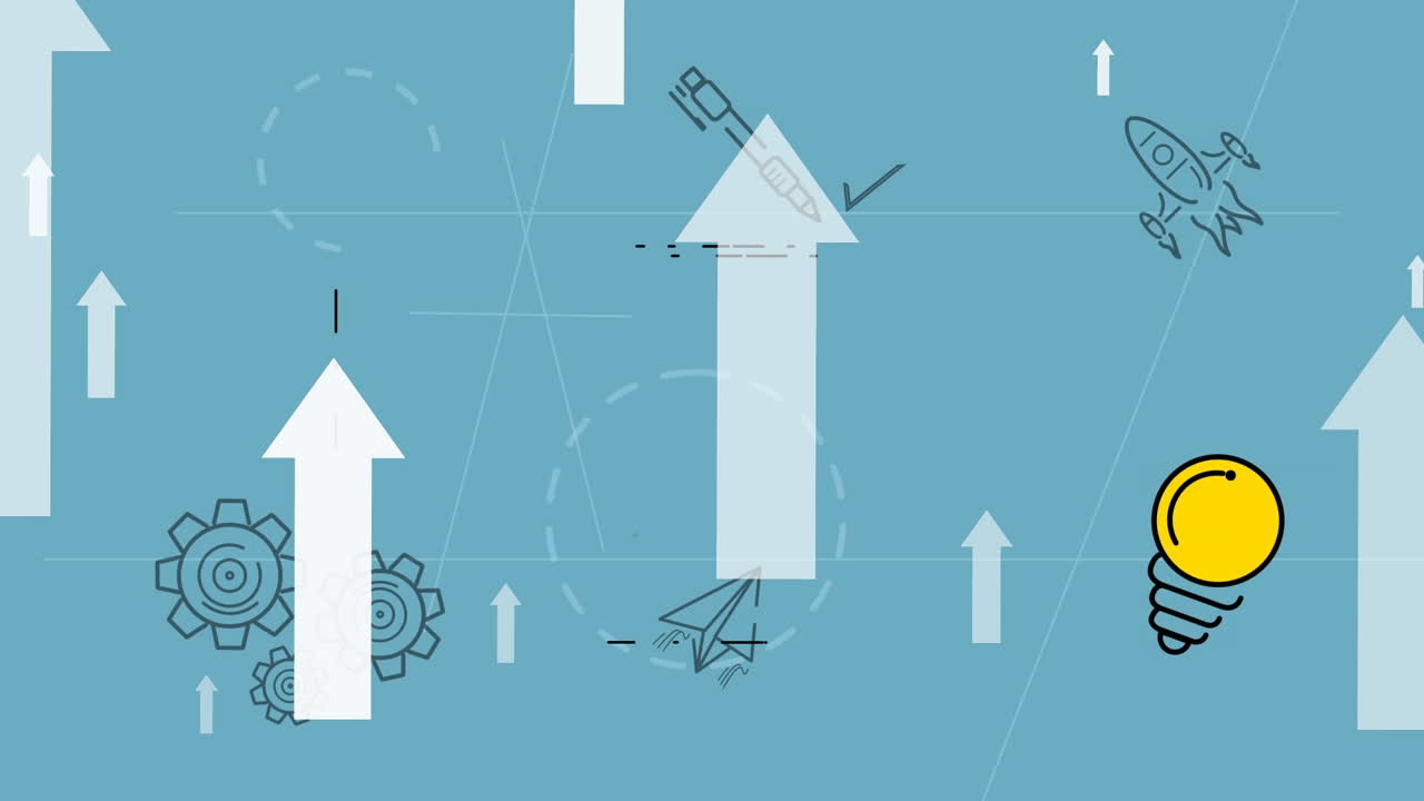 Animation of arrows over pen, gear and bulb over blue background