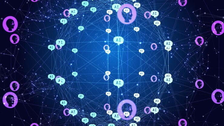 Animation of ai data processing over globe of connections with icons