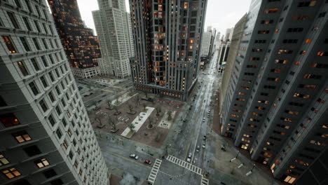 Aerial-hyperlapse-of-busy-car-traffic-in-between-Skyscrapers-city-center