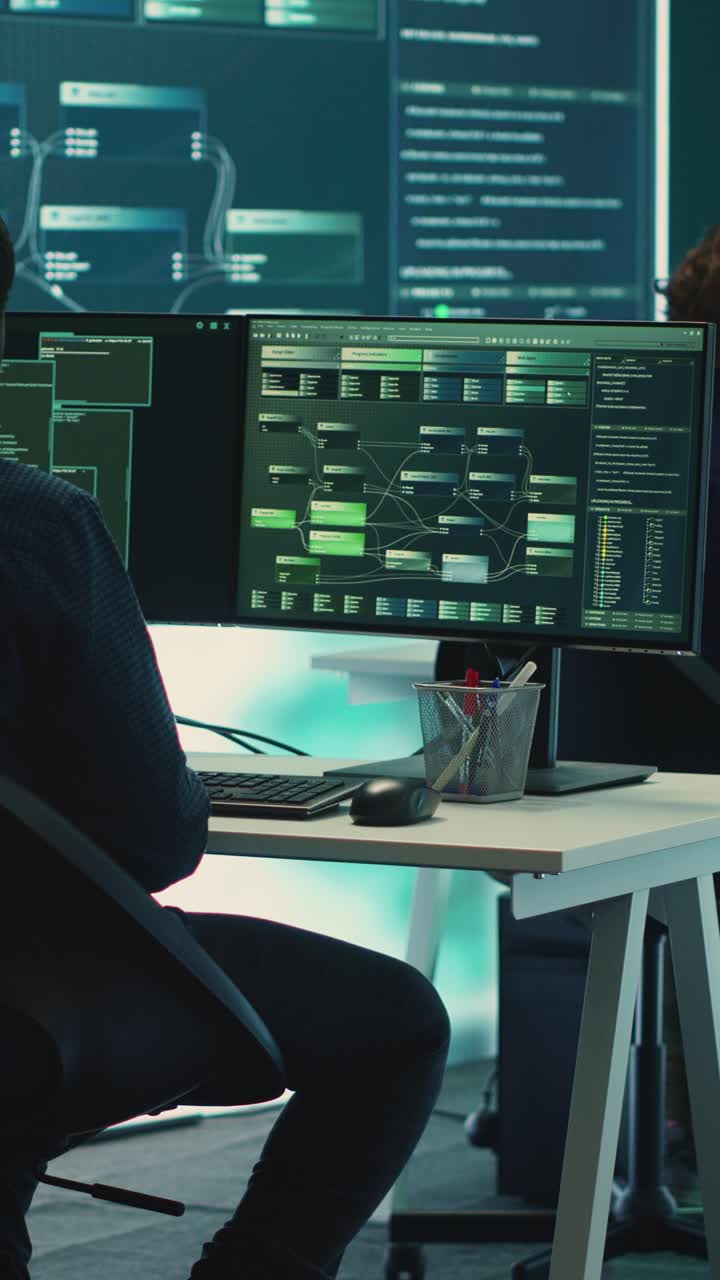 Programmerere som jobber på datamaskin med kode og data på skjermen
