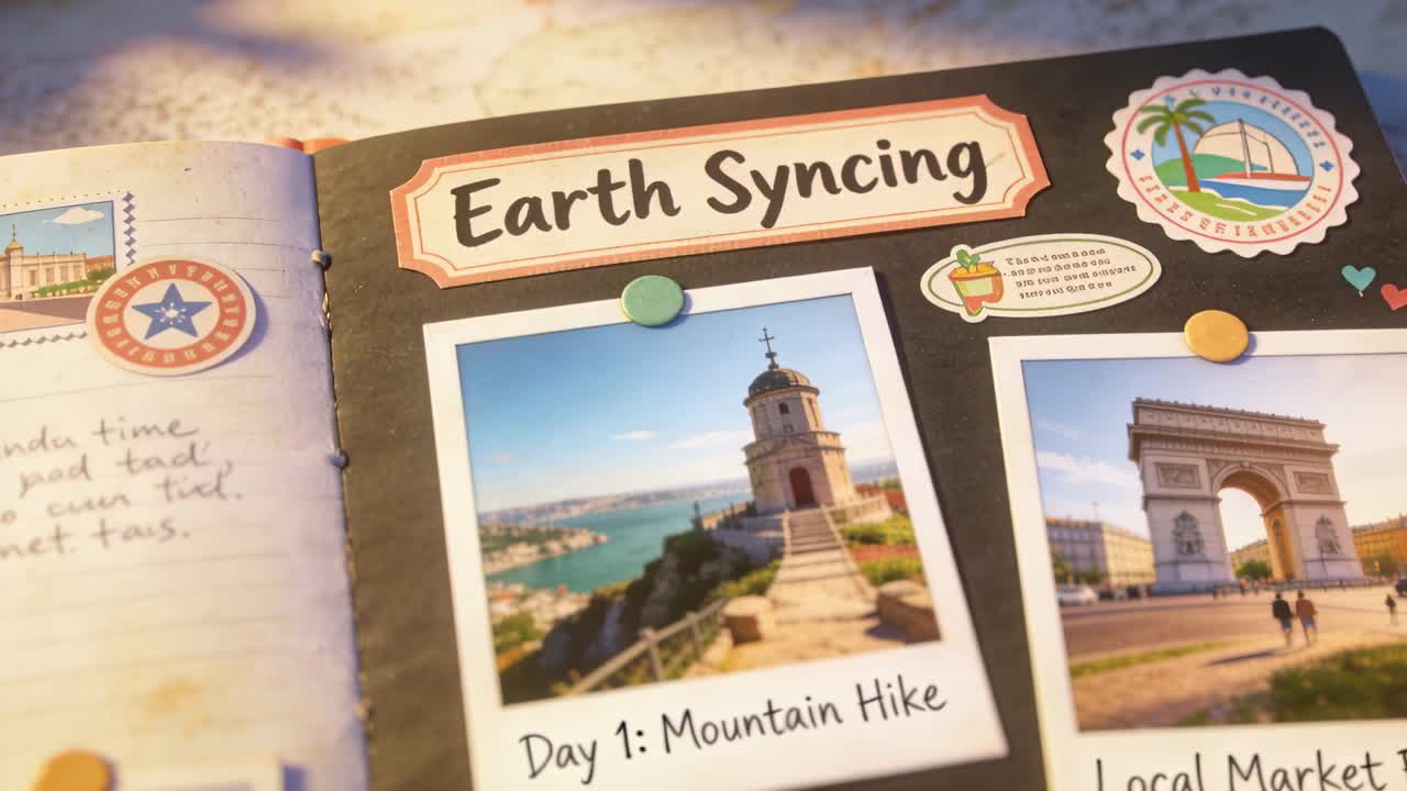 Kamera memperbesar bergerak di atas skrapbook hitam di meja, memperlihatkan Polaroid "Earth Syncing" dan "Day1 hike"