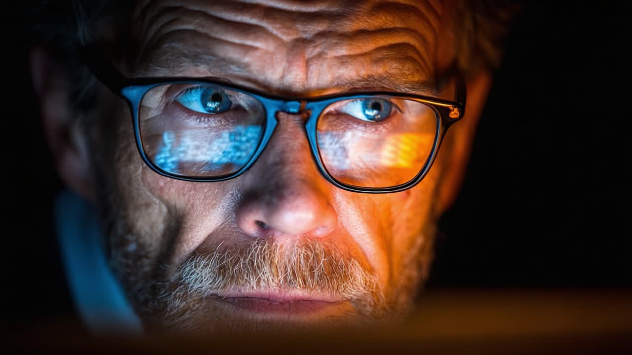 Focused Intensity: An Engaging Close-up of a Man with Glasses Concentrating on a Screen, Highlighting the Reflections and Depth of His Expression