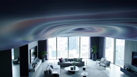 a stunning modern living space showcasing innovative design elements and breathtaking architectural features under a unique, sculptural ceiling