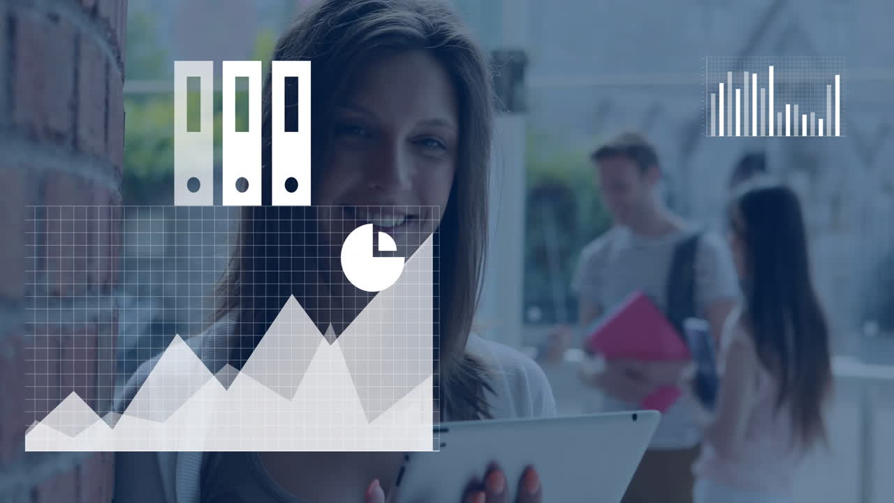 animación de iconos de medios de datos sobre una mujer blanca feliz usando una tableta en la universidad