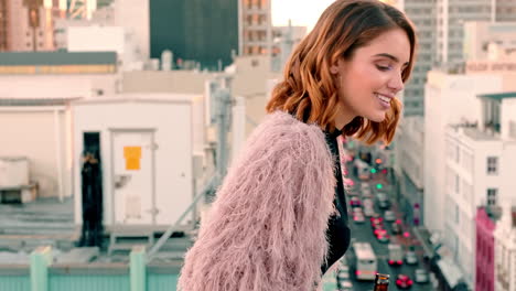 rooftop, city and woman drinking a beer