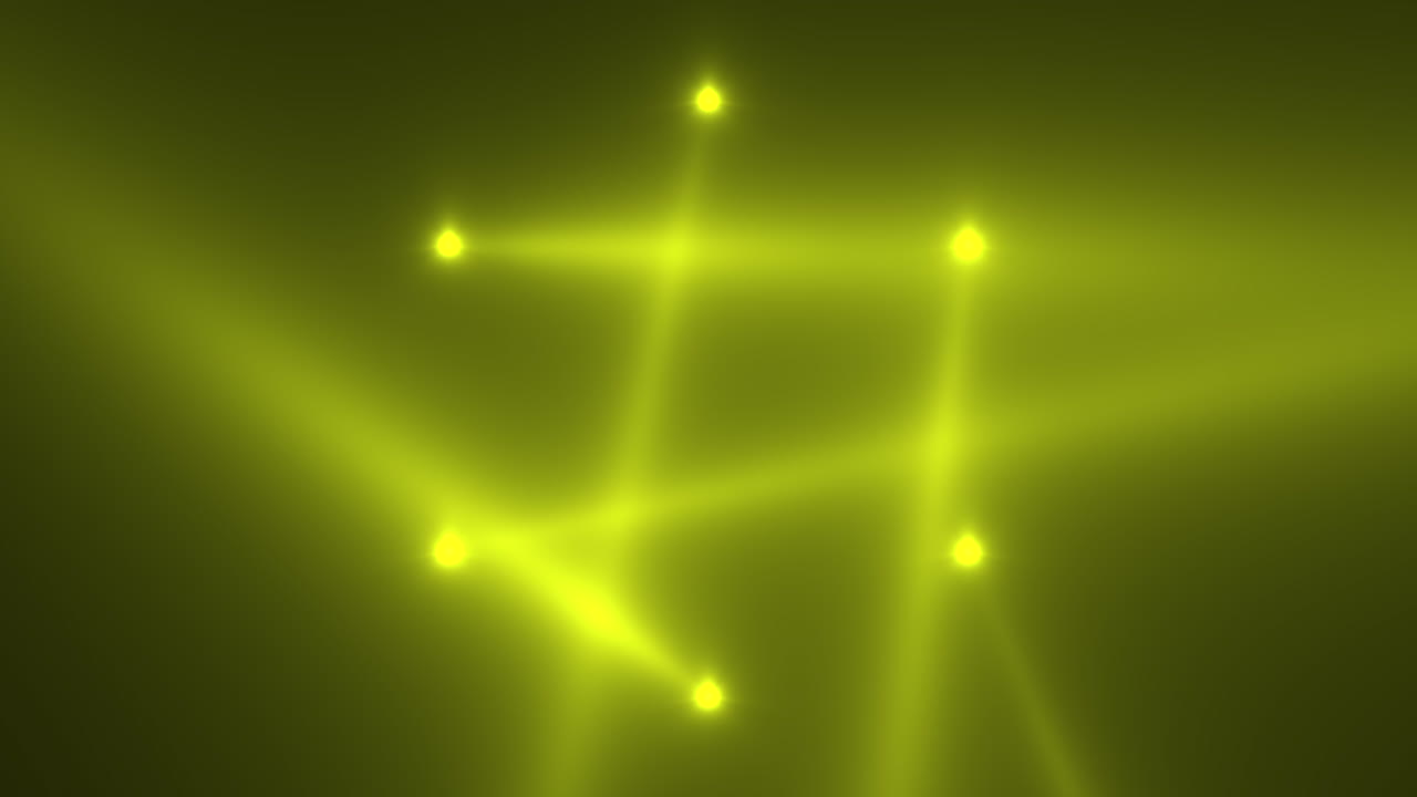 Animation motion yellow glowing spotlight beams on dark background in stage