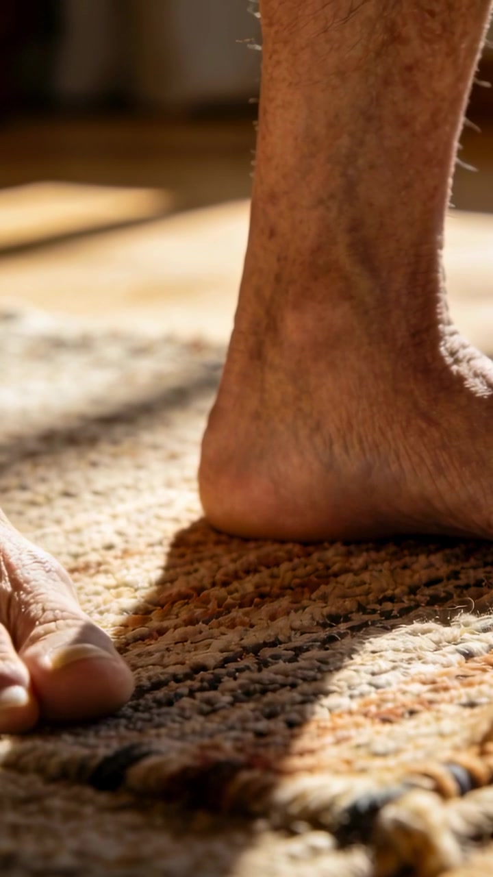Video verticale: Anziano che sposta il peso e si sistema a piedi nudi a casa su un tappeto intrecciato, mostrando le dita dei piedi.