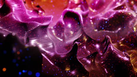 smooth abstract animation of liquid gradient red purple in 4k. bright glossy paint surface as abstract looped festive background. glitters on viscous liquid 3d splashes on surface like drops.