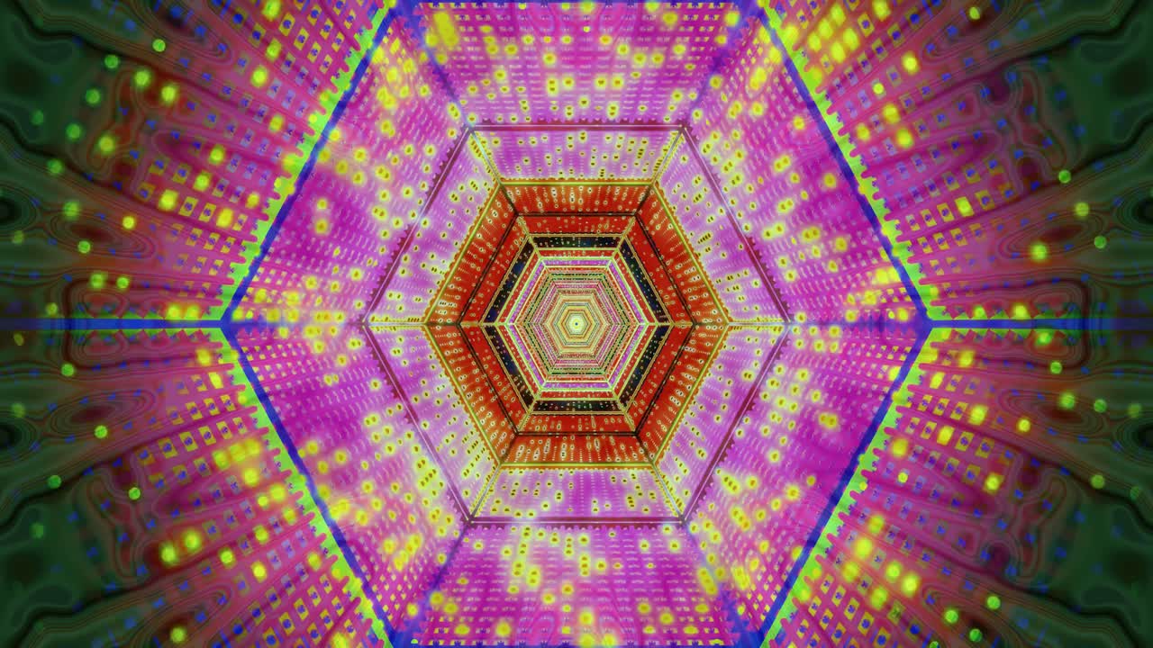 This dynamic visual loop showcases a colorful tunnel filled with intricate patterns and lights. The seamless animation offers a captivating experience ideal for screensavers or digital displays