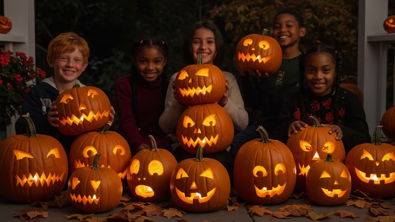 A Joyful Halloween Celebration Featuring Children and Their Creative Jack-o'-Lanterns, Showcasing Unique Carvings and a Festive Atmosphere Among Friends