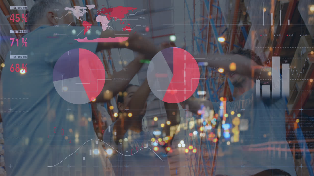 창고에서 행복한 다양한 노동자들에 대한 데이터 처리 애니메이션