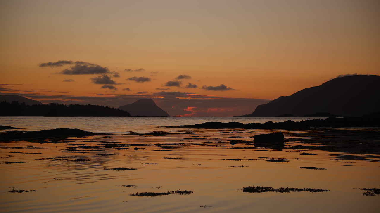Camera looking towards the sunset into the horizon in Norway