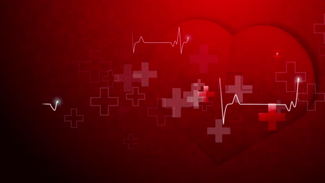animation cardiogram on red background with beating heart shape. hospital crosses. medical looped background for healthcare.