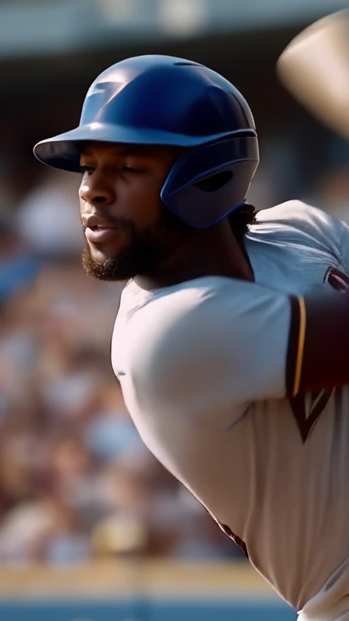 Young athlete focused, ready to hit. He runs with determination toward home. Crowd's energy pulses behind him. Ideal for sports or motivational content