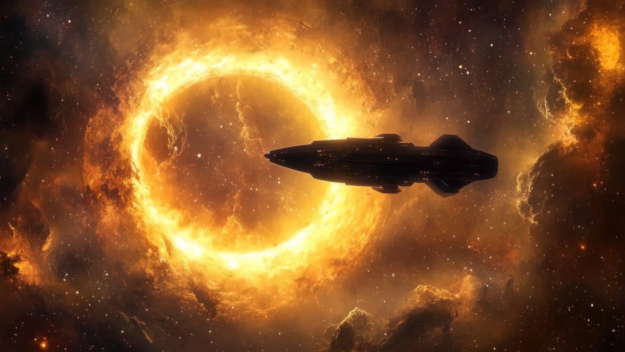 A spaceship flies past a fiery cosmic ring in deep space. Cinematic video style with a side angle