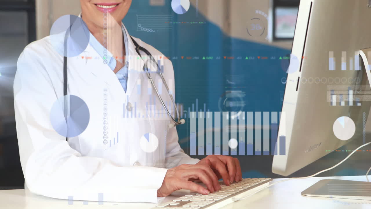 Typing on keyboard, doctor with stethoscope, medical data processing animation