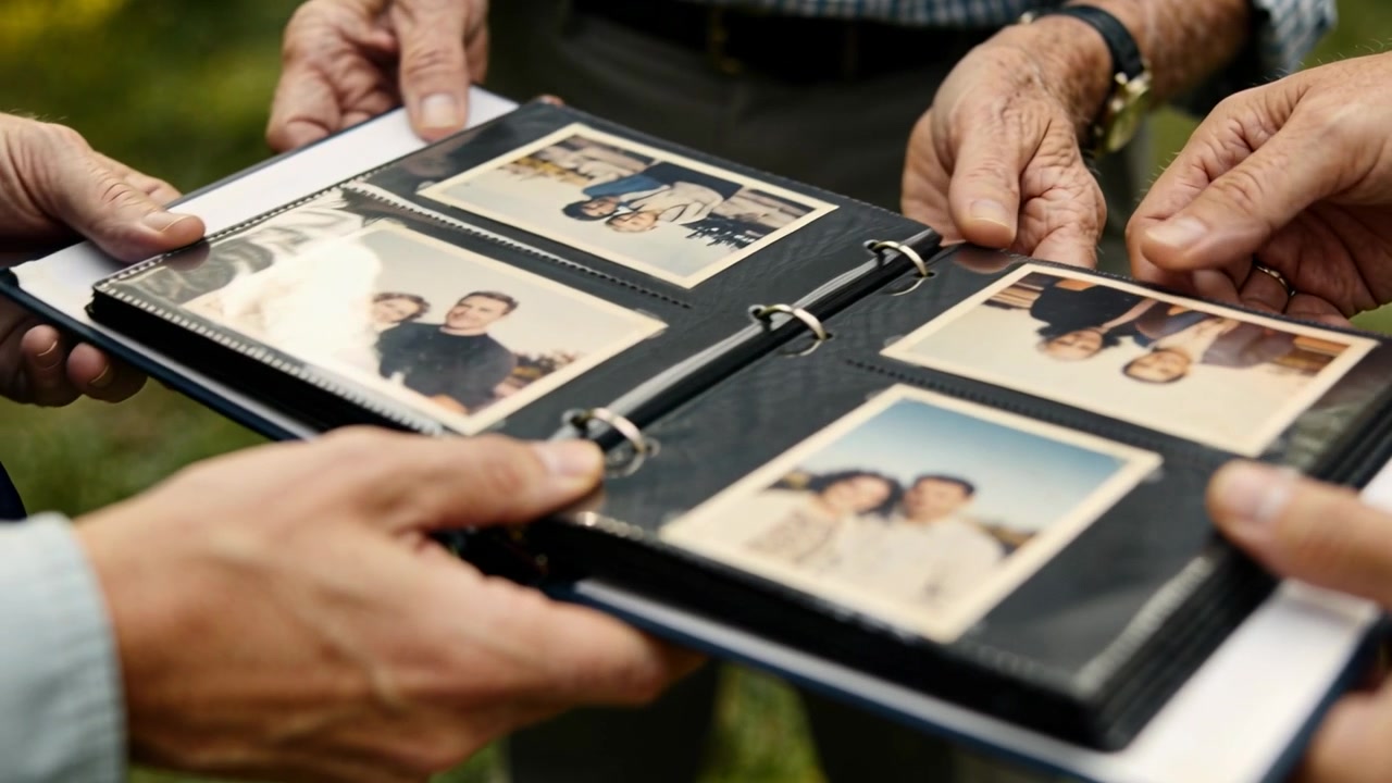 Pointing finger starting family hands flipping black binder in backyard viewing Polaroid prints