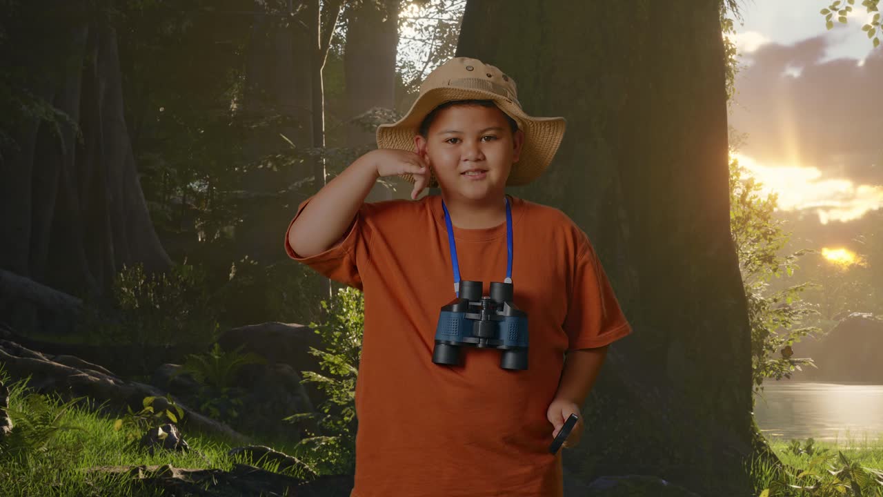 모자와 안경을 쓴 아시아 소년은 숲의 자연을 탐험하는 동안 커플링 글래스를 사용하여 나를 부르십시오. 소년 연구자는 여행, 관광, 모험 개념의 무언가를 조사합니다.