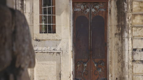 Closed-old-ornate-wooden-door-of-Motsameta-monastery-church,-Georgia