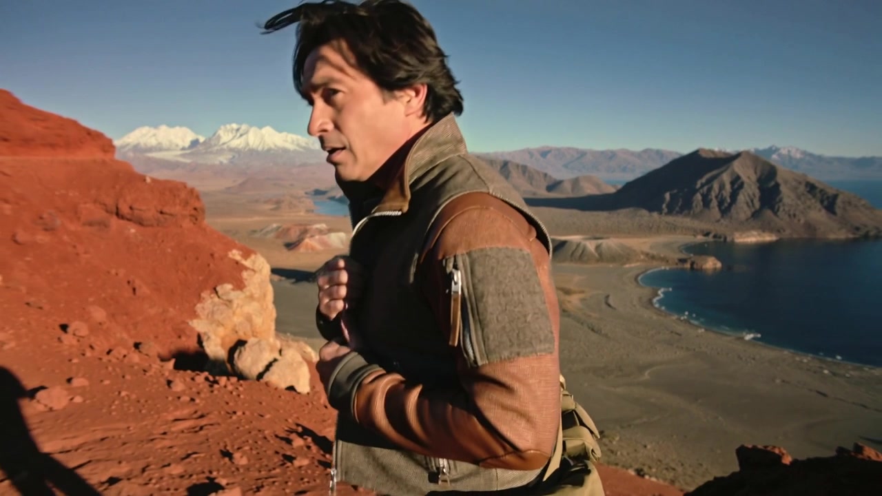 Excursionista masculino escalando sobre pedregal en una cresta roja, ajustándose la chaqueta con cremallera y la bolsa de lona contra el viento.