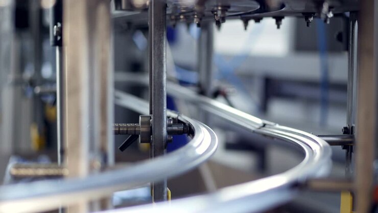 Fast motion of water bottles on factory rails.