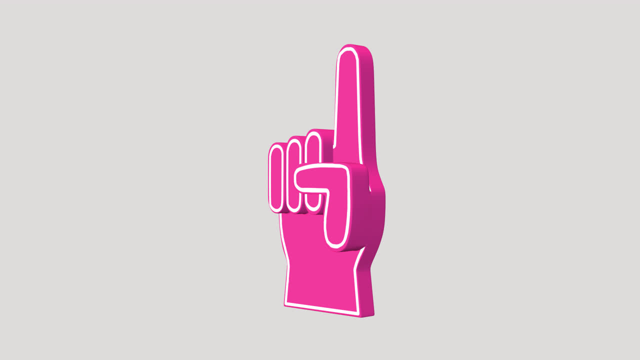 Rendering in 3D animato di una mano di schiuma rosa che punta verso l'alto