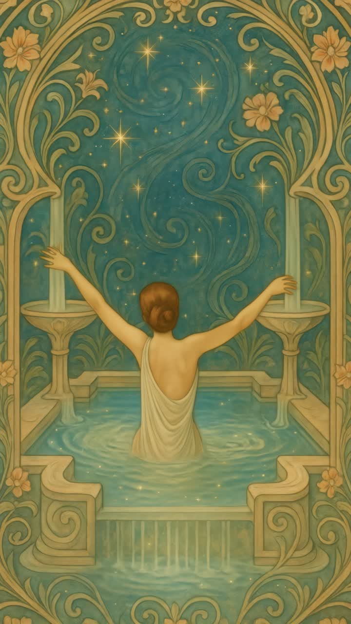 A serene, vintage-style video concept with a woman in a starry bath