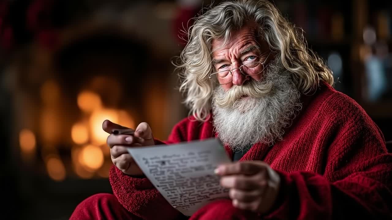 Um homem de manto vermelho sentado em frente a uma lareira segurando um pedaço de papel