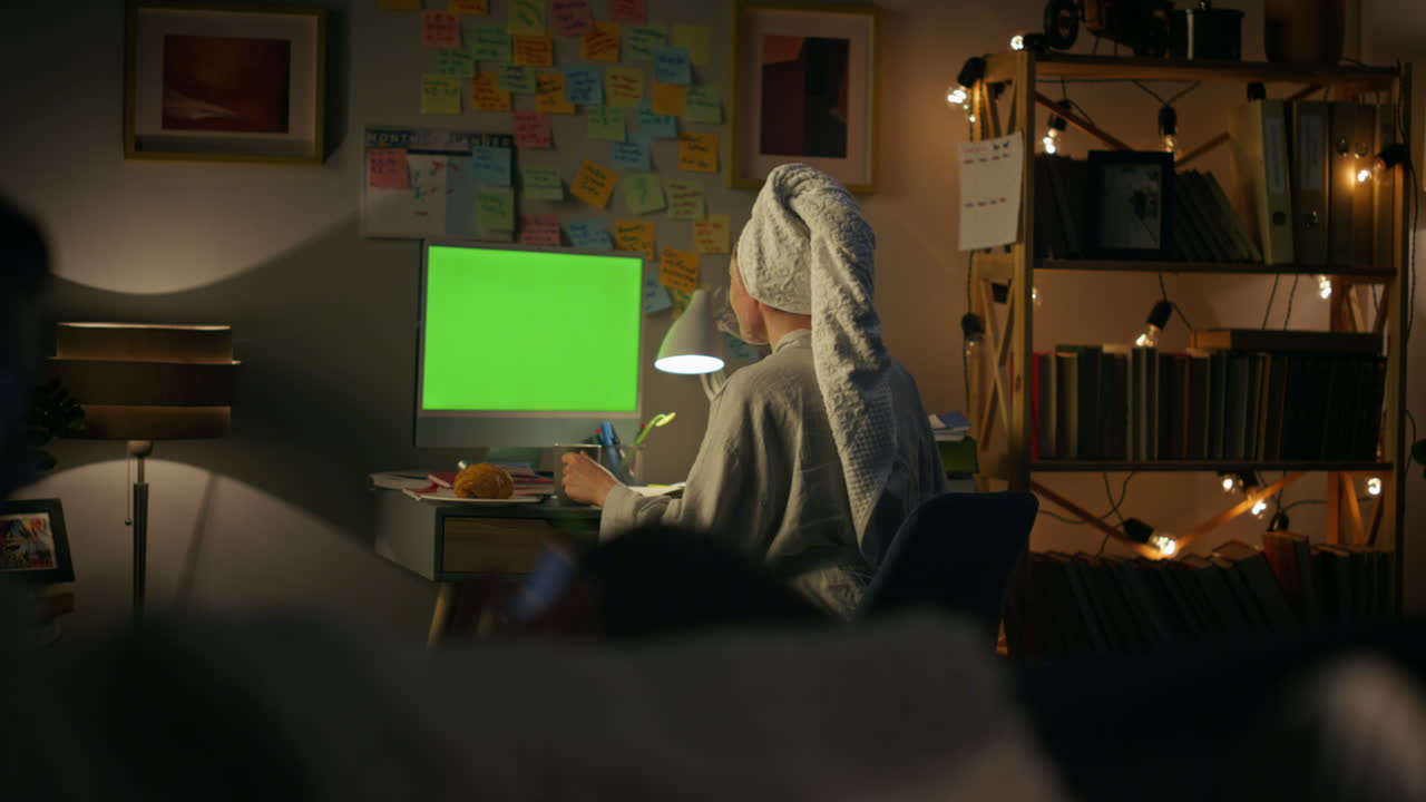 Unrecognizable housewife talking mockup pc closeup. Housewife drinking talking