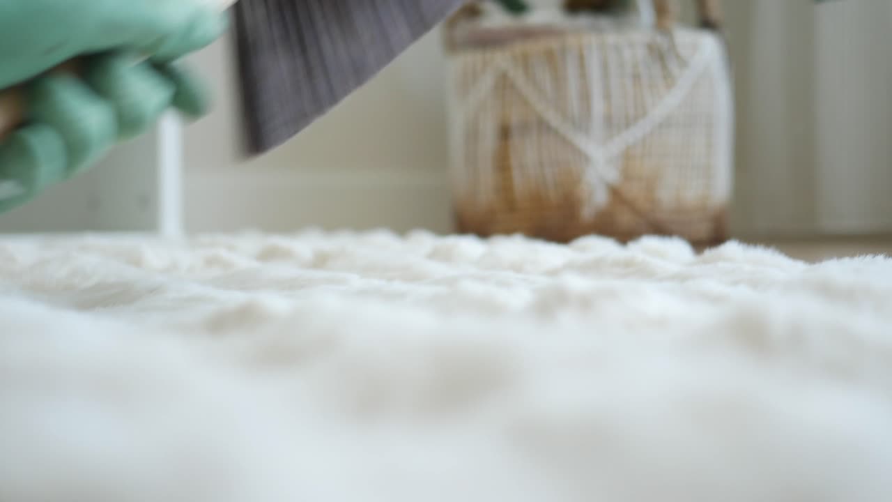 Cleaning a fluffy white rug with a brush and gloves