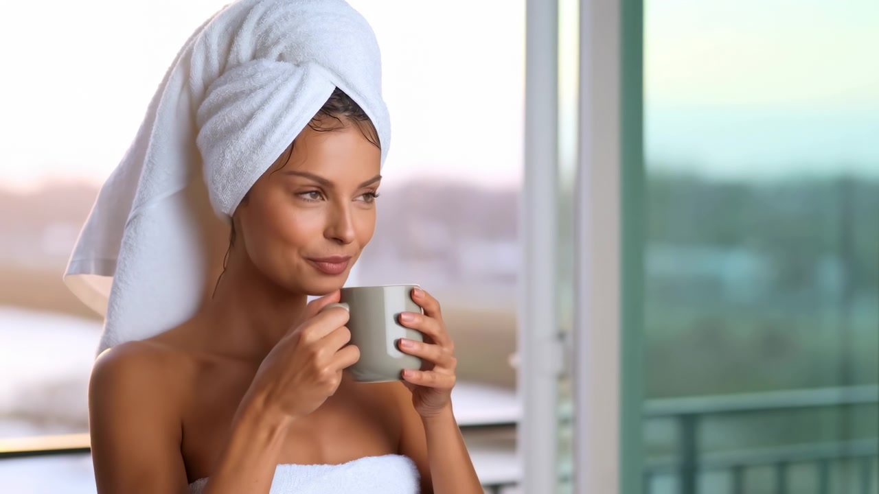 A woman with a towel headwrap and shoulders stands near a large window, holding a ceramic mug with both hands. Soft natural daylight creates a peaceful morning atmosphere as she looks on calmly, suggesting relaxation, self-care, and a quiet wellness routine at home