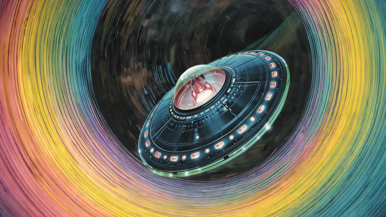 UFO in a Colorful Space Tunnel