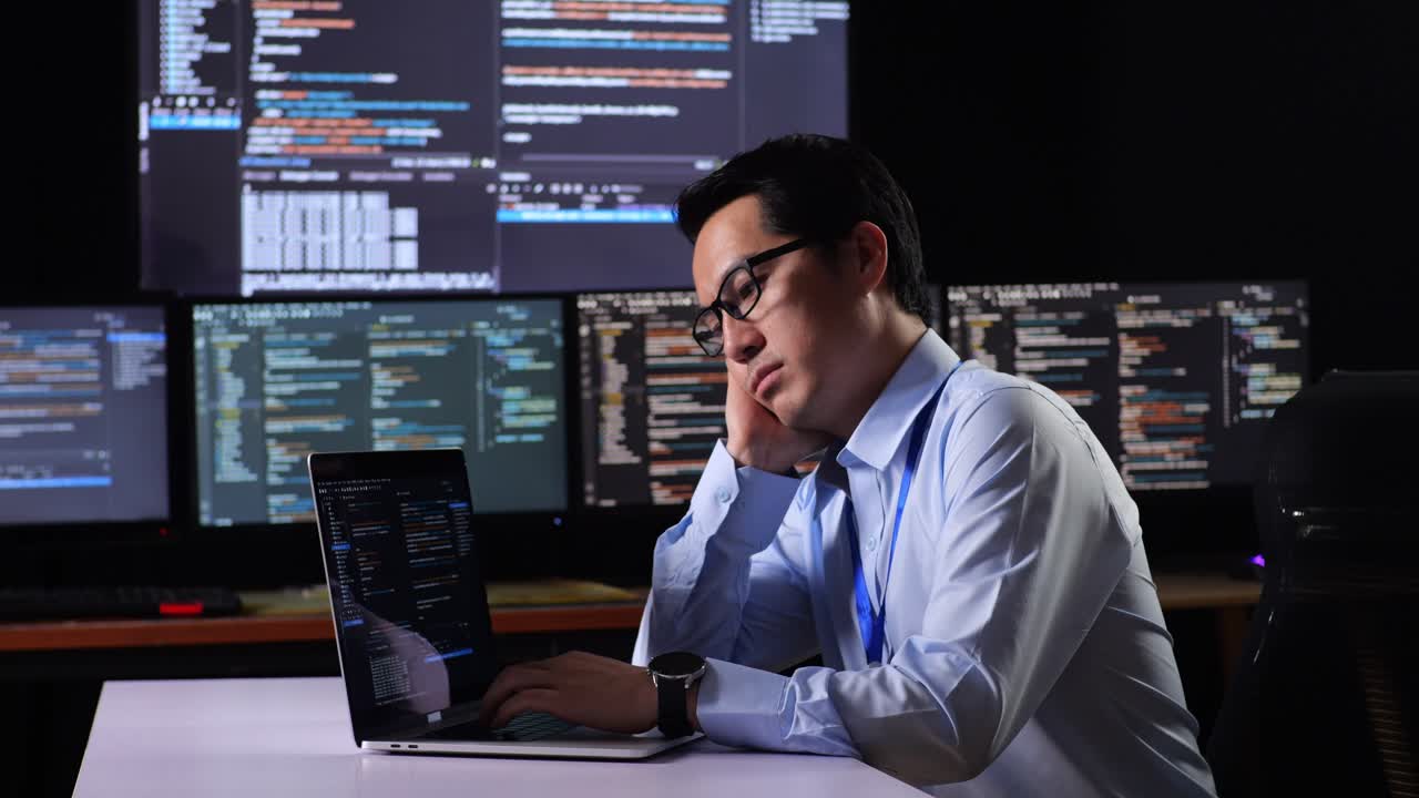 programador cansado trabajando hasta tarde en la noche en una oficina oscura