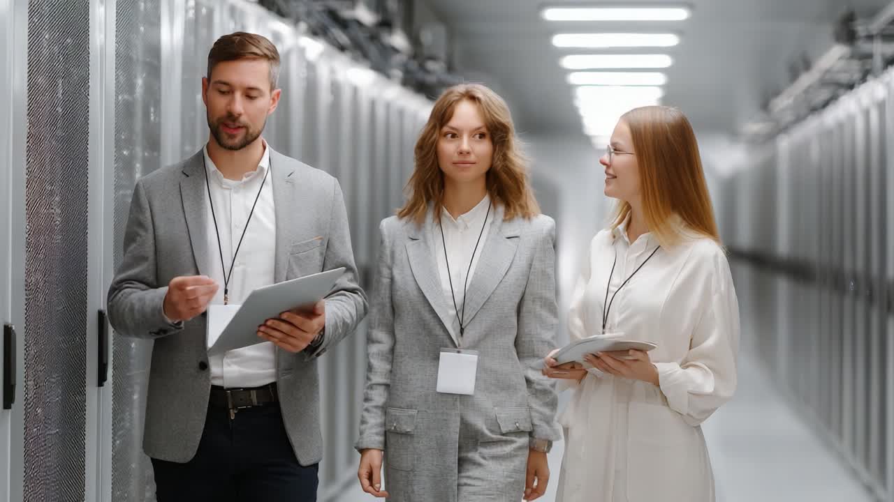 A Team of Professionals Collaborating in a Technology Facility, Engaging in Discussion while Inspecting Data Center Equipment and Infrastructure