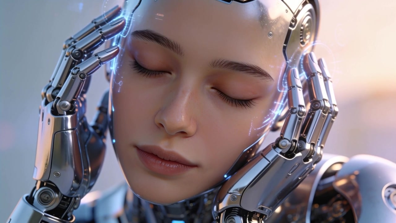 Reagendo all'aumento di luminosità dell'ologramma, un androide femmina porta le mani metalliche alle tempie in laboratorio, analizzando dati.
