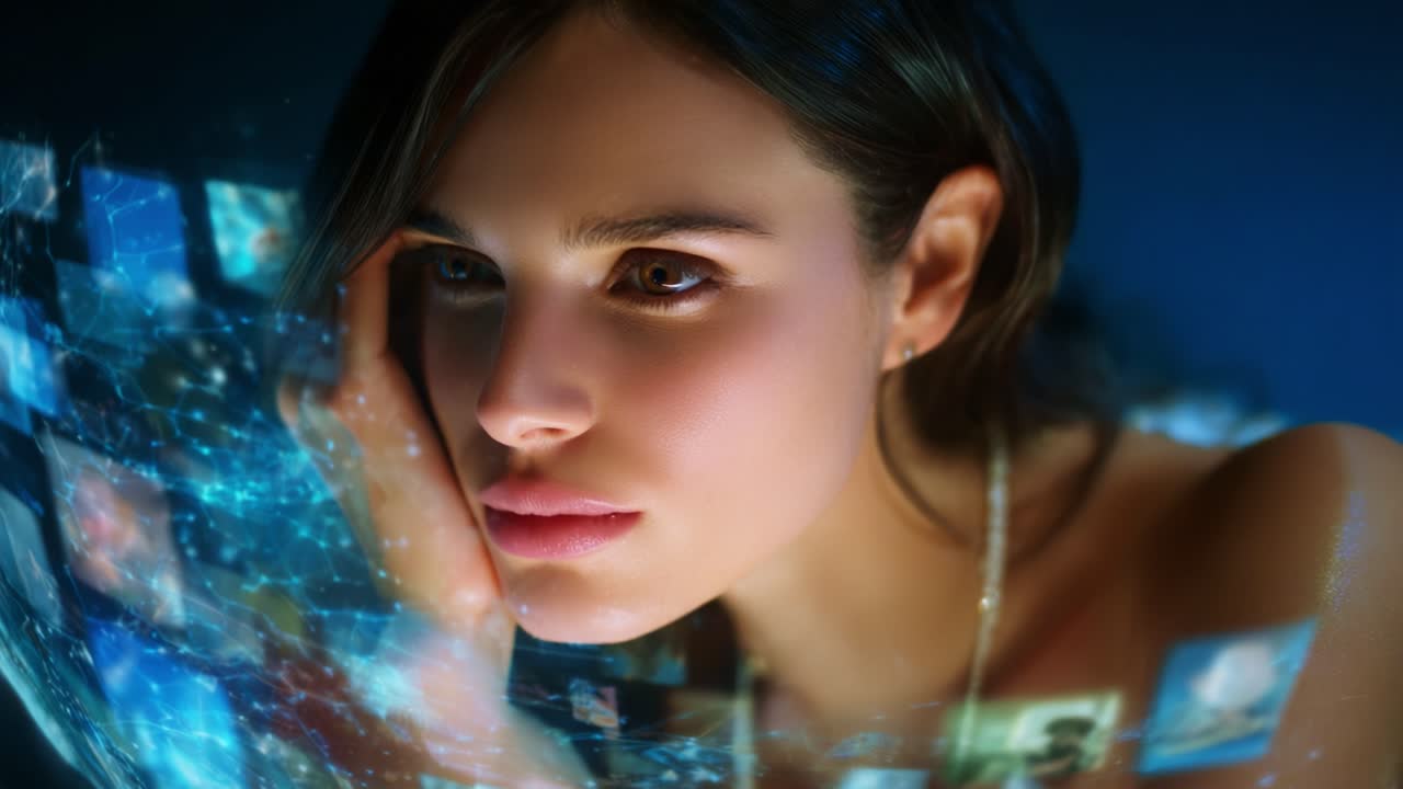 A contemplative woman gazes intently at a swirling array of digital images and vibrant colors, symbolizing her connection to technology and the overwhelming nature of information in the modern world