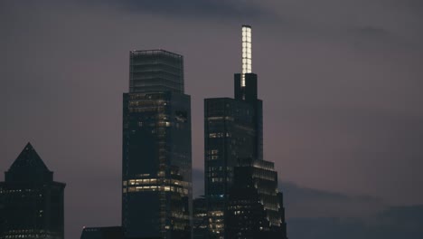 philadelphia skyline, at dusk, with lights