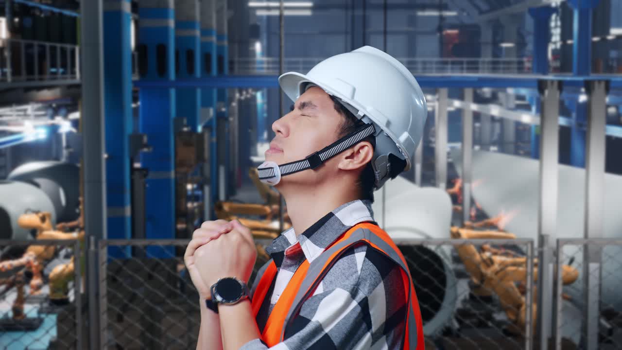 안전 헬을 입은 아시아 남성 엔지니어가 풍력 터빈 제조 공장에서 서서 무언가를 위해 기도합니다.