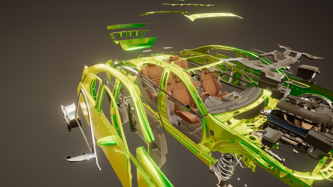 눈에 띄는 부분이 있는 분해된 자동차