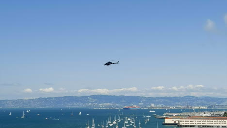 Press-helicopter-covering-the-SailGP-event-in-San-Francisco,-California-finals-in-2023