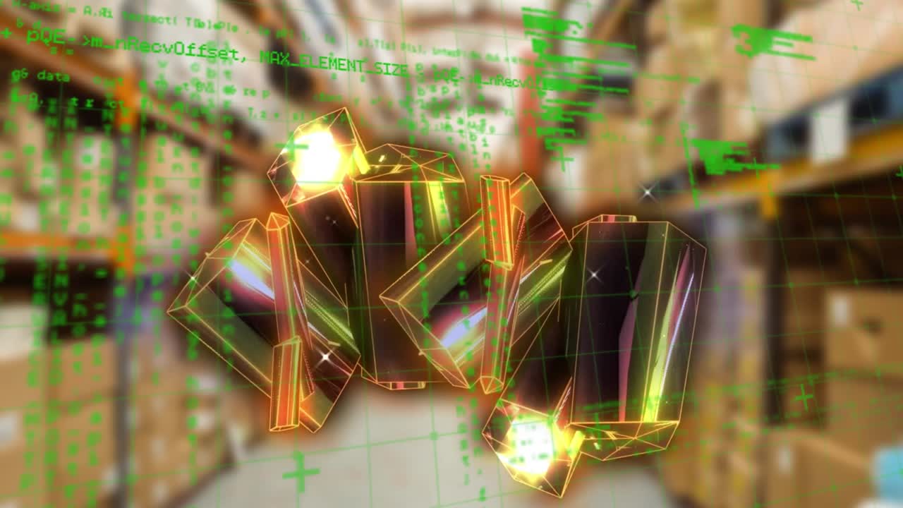 Animation af databehandling og krystaller over lager