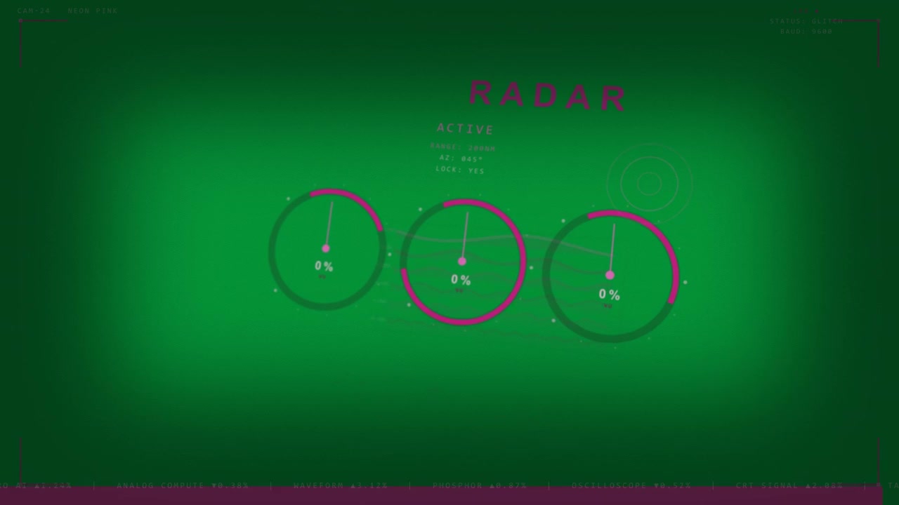 Etichetta ACTIVE che attiva un HUD radar magenta su sfondo trasparente, scorrendo attraverso gli indicatori per lo stato.