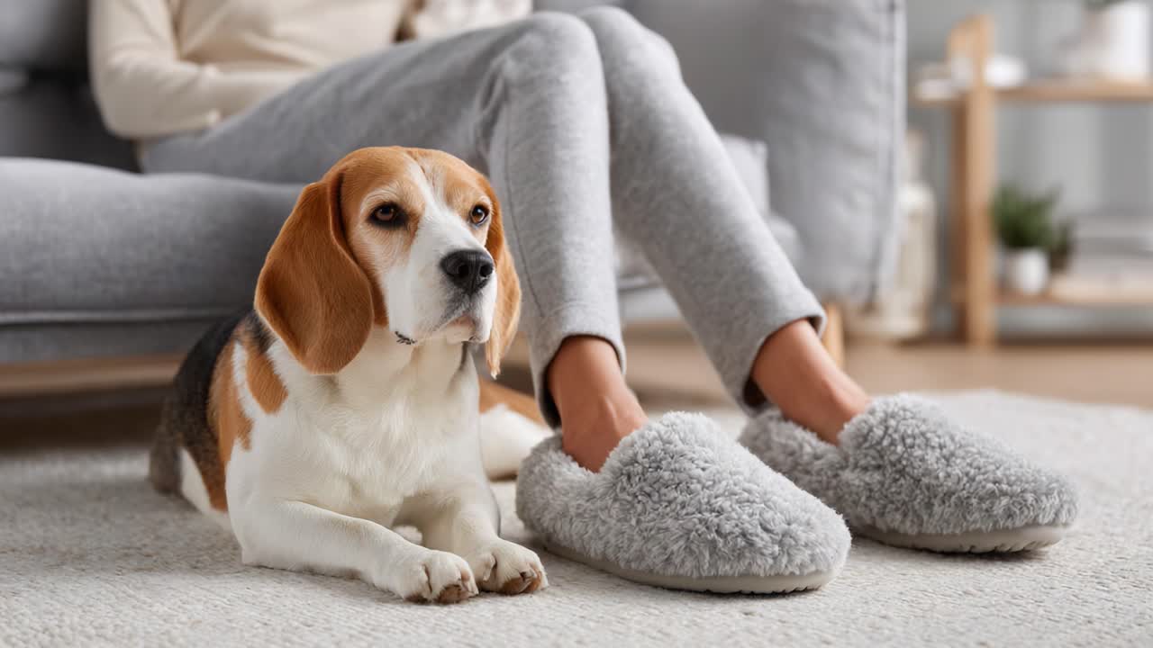 A Cozy Moment at Home: A Beagle Relaxing Beside Its Owner on a Soft Rug, Featuring Comfy Slippers and a Calm Atmosphere in a Stylish Living Room