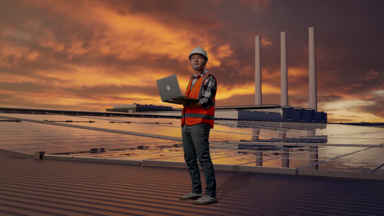 Tampilan Samping Seluruh Tubuh Insinyur Pria Asia dengan Helm Keselamatan Bekerja di Laptop dan Melihat Sekeliling Sambil Berdiri, Memeriksa Panel Surya di Atap saat Matahari Terbenam