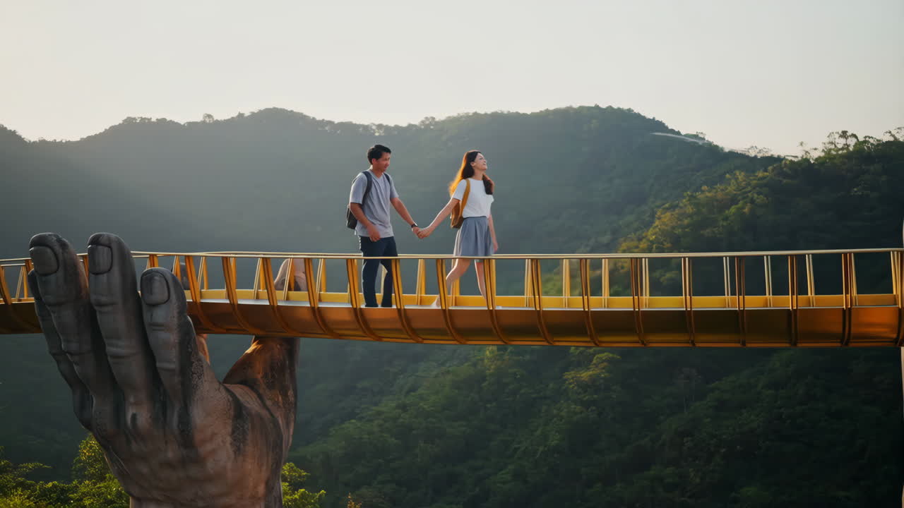 Couple holding hands on the Golden Bridge in Vietnam