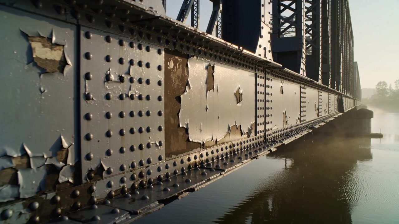 Moving camera forward along riveted girder on bridge at water level, documenting peeling paint