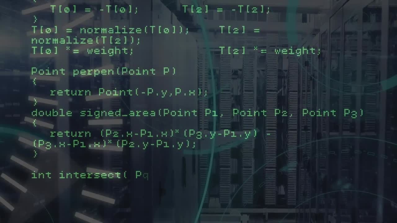 Animation of spinning round scanners and data processing against computer server room