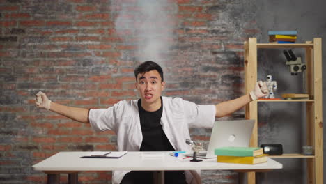 scientist with smoke rising above head angry of test fail